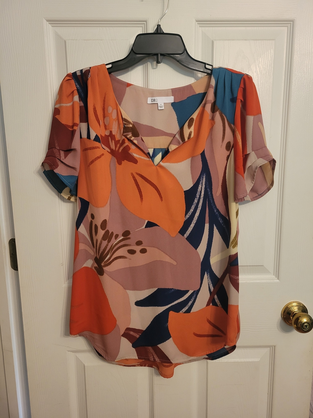 DR2 Orange Floral V-Neck Short Sleeve Blouse with Navy and Blush Accents